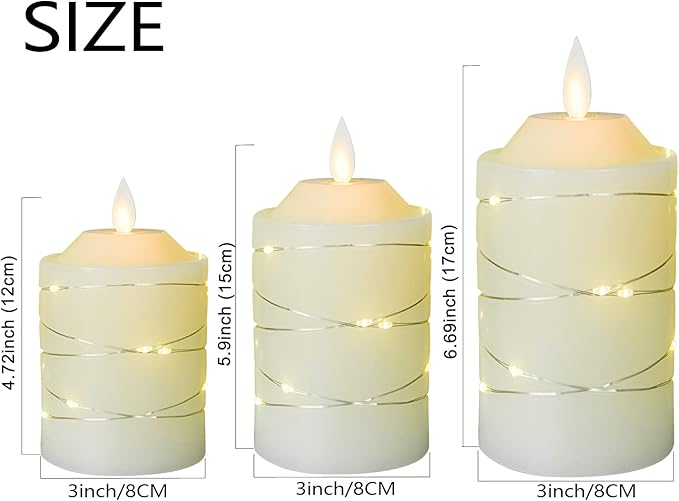Battery Operated Flameless LED Candles: with Embedded String Lights, 3 Pack Flickering Electric Candle with 10-Key Remote Control for Seasonal Festival Celebration Real Wax(Batteries not Included)