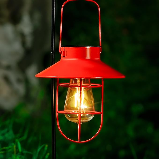 Solar Lights Lantern Lamp with Shepherd Hook, Solar Metal Lanterns, Outdoor Lights Decor,Edison Bulb Lights for Garden ,Outside Decor for Pathways,Patio, Lawn, or Landscaping(Red)