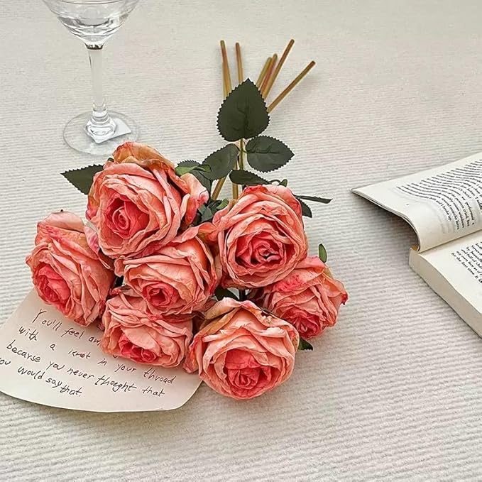 Kimura's Cabin 12pcs Pink Artificial Rose Flowers with Stems Realistic Vintage Fake Roses Bouquet for Home Table Centerpieces Wedding Party Arrangements Decoration Dried Flower (Pink