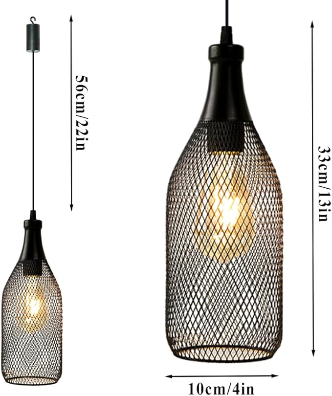 JHY DESIGN Hanging Lamp Black Battery Powered Decorative Pendant Lamp Metal Cage Battery Lamp with 6 Hours Timer for Bar Bedroom Garden Parties Patio Indoor Outdoor Living Room(Wine Bottle Shaped)