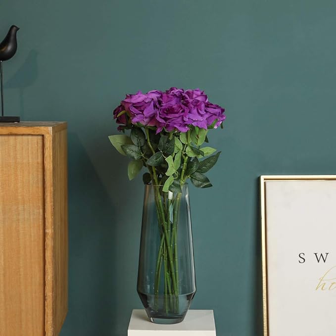 Purple Fake Roses Artificial Flowers - 16 Pcs Fake Artificial Roses Silk Flowers with Stems for Home Wedding Hotel Office Centerpiece Decor