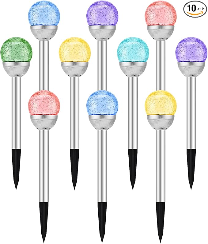 Solar Garden Lights Cracked Glass for Outdoor Waterproof Landscape Pathway Decorations 7 Colors Changing 10 Packs