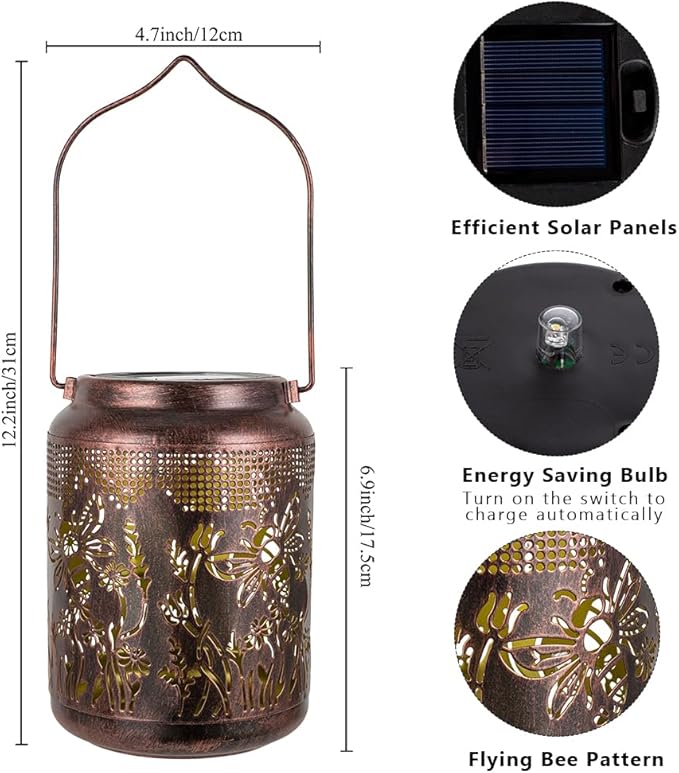 2 Pack Bee Solar Lanterns Outdoor Waterproof Hanging Solar Lights LED 6.9" Metal Flower Bee Decorative Lantern for Patio,Yard,Porch,Table,Garden Birthday Gifts for Women Mom Grandma