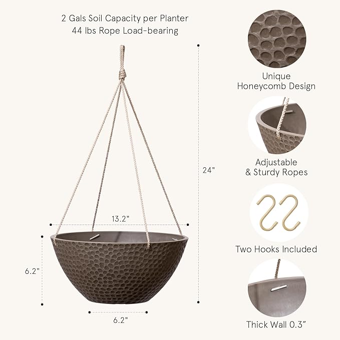 LA JOLIE MUSE Hanging Planters for Outdoor Plants, Large Outdoor Hanging Planters with Drain Holes Ash Brown, Honeycomb (13.2 Inch, Set of 2)