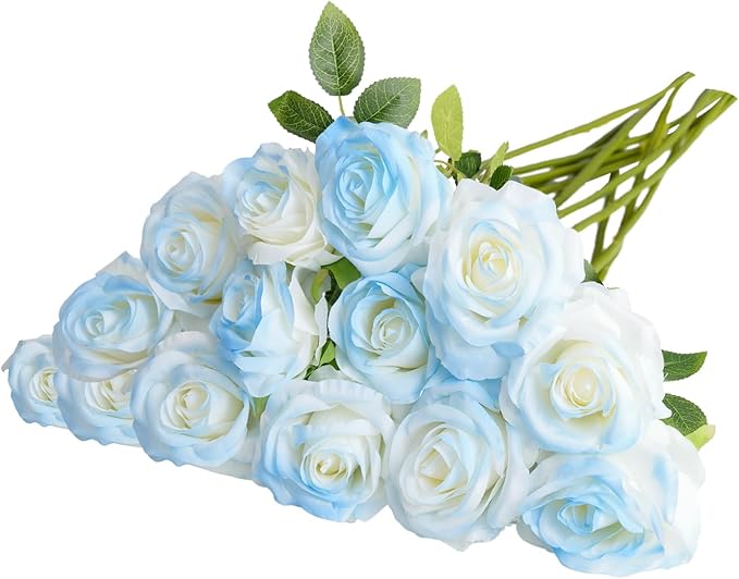 Ice Blue Artificial Roses Fake Flowers Not Bend The Peduncle with Stems for DIY Wedding Bouquets Bridal Shower Centerpieces Arrangements Tables Decorations 12pcs