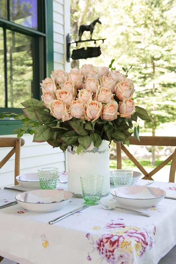 Artificial Realistic Roses Peach Flowers 24" Real Touch Silk Roses Bouquet Long Stems Rose Fake Roses Decor for Home Party Wedding Table Centerpieces Roses Realistic - 5 Pcs