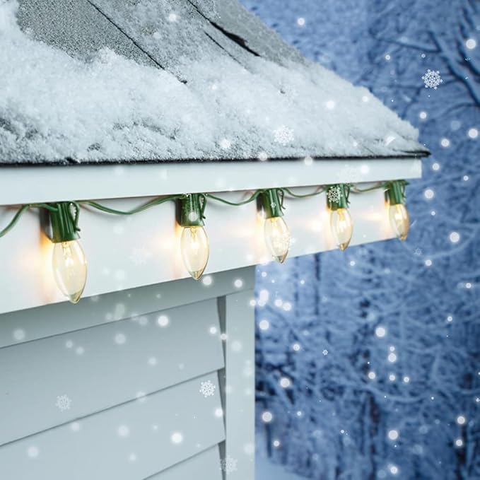 Vintage C9 Christmas Lights, 25 Feet C9 String Lights for Christmas Tree Holiday Party Indoor Room Outdoor Roofline Backyard Garden Patio Cafe Home Xmas Decoration, Warm White Light, Green Wire