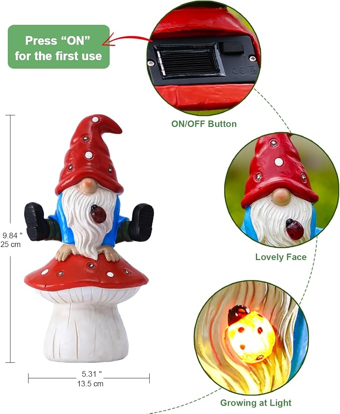 Solar Gnome Statues Outdoor Decor: Garden Figurines Sculpture with Mushroom for Yard Porch Patio Balcony - Gifts for Mother Grandma