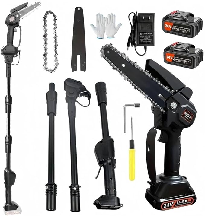 High Branch Chainsaw. 6-inch Brushless Lithium Pole Saw. 2 x 24V Battery and Charger. Three Telescopic rods. Lightweight Garden Pruning Tool. for Tree Pruning.
