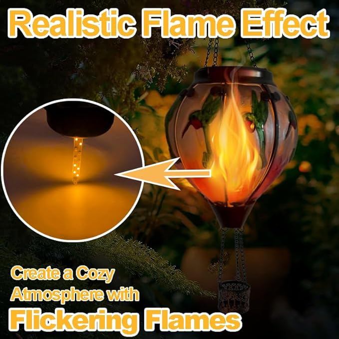 2PCS Solar Hot Air Balloon Lanterns with Flame Glass Hot Air Balloon Lights with 2PCS Shepherd's Hooks Waterproof Hanging Outdoor Solar Lantern for Yard Patio Christmas Decor (Hummingbird)