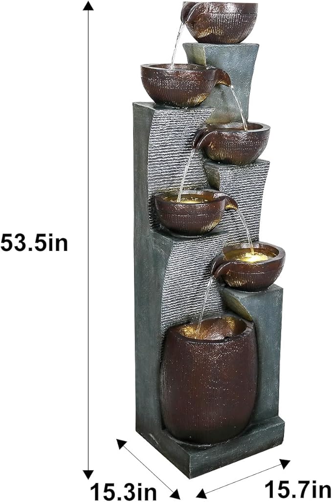 53.5in High Outdoor Indoor Water Fountain, 6-Tiered Poly-Resin Waterfall Fountain with LED Lights, Decorative Floor Standing Fountain for Garden, Patio, Yard, Home Decor