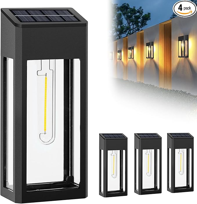GOODFOEVER Solar Outdoor Lights Waterproof, 4 Pack Fence Lights Solar Powered with LED Bulbs, Metal Wall Lights for Garden Porch Patio Yard and Garage, Aluminum and Glass Shade (Wall Light 4 Pack)