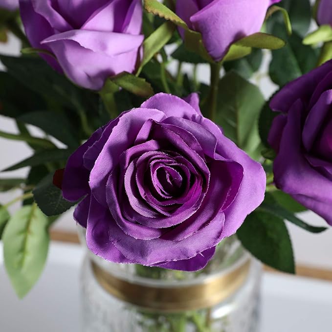 Purple Fake Roses Artificial Flowers - 16 Pcs Fake Artificial Roses Silk Flowers with Stems for Home Wedding Hotel Office Centerpiece Decor