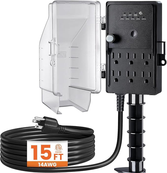 SURAIELEC Outdoor Power Stake, Dusk to Dawn Light Timer, 15FT Extension Cord Multiple Outlet; 6 Electrical Outlet Power Strip Weatherproof, for Patio Lights, Sprinkler, Garden, Christmas Decorations