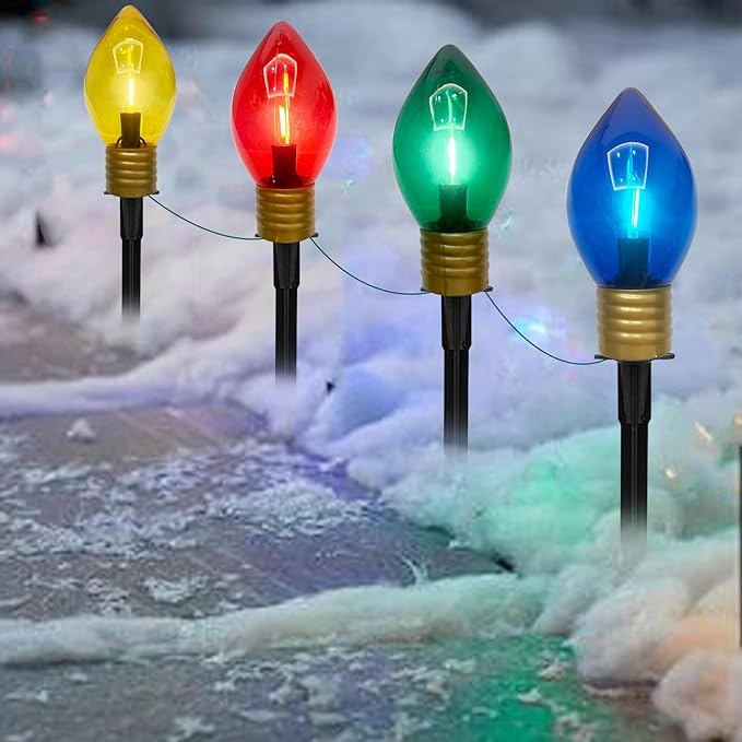 Jumbo C9 Christmas Pathway Lights Outdoor, 2 Pack 7Ft Christmas Decorations Lights with 8 LED Jumbo Multicolor Bulb and Pathway Marker Stakes Lights for Outdoor Christmas Walkway Lawn Yard Garden