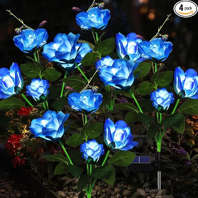 Solar Garden Lights Outdoor, 4 Pack Solar Flower Lights Outdoor Waterproof with 16 Rose, 2 Modes Realistic Rose Flower for Yard, Pathway, Garden Decor & Gardening Gift