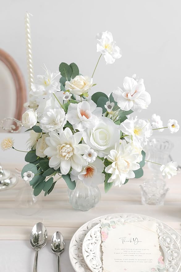 YYHUAWU Fake Flower Heads Mini White Artificial Flower Faux Dahlia Rose Flowers Multicolor Silk Daisy Flower Heads for Craft Garland Wedding Bridal Baby Shower Home Party Decoration DIY Cake Decor