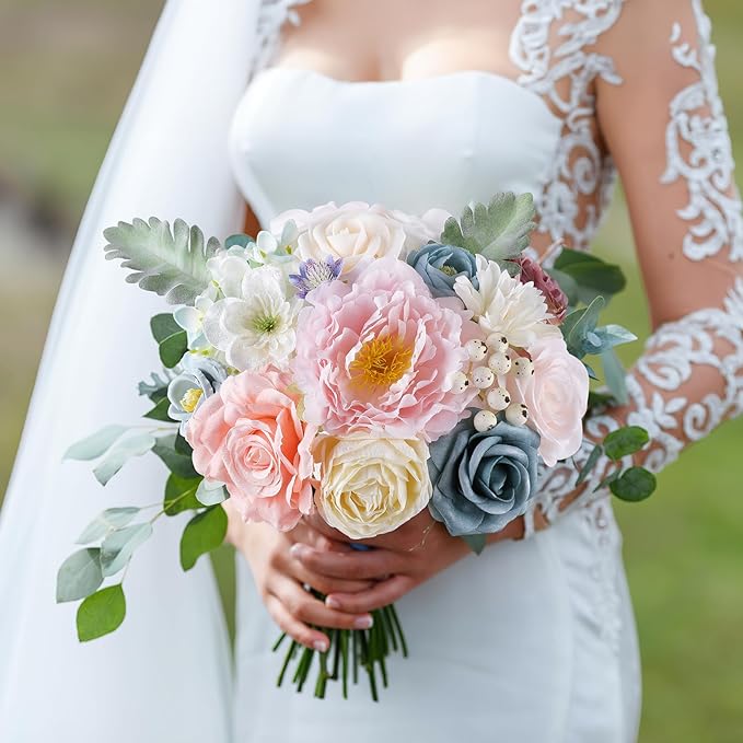 AGIRL Artificial Flowers Combo Silk Pink Roses Fake Flower with Stems for DIY Wedding Bouquets Centerpieces Arrangements Table Chair Decor Baby Shower Home Decor (Blue Pink)