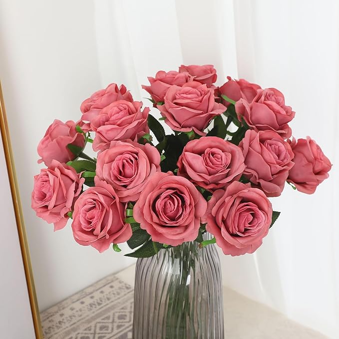 Pink Fake Roses Artificial Flowers - 16 Pcs Fake Artificial Roses Silk Flowers with Stems for Home Wedding Hotel Office Centerpiece Decor（Coral Pink）