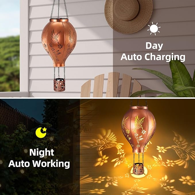 Hot Air Balloon Solar Garden Lights Outdoor Hummingbird Hollowed Metal Hanging LED Solar Lantern Waterproof Light for Garden Patio Yard Porch Christmas Decor Gifts for Women Mom Friends