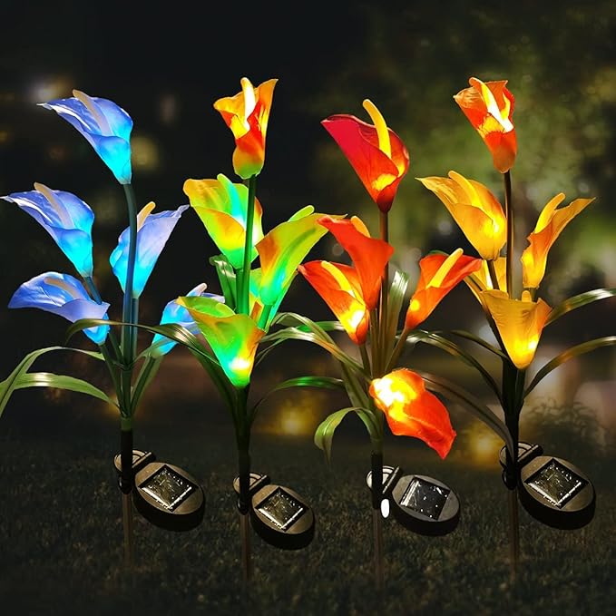 Veesee Solar Calla Lily Light, 2-Pack Solar Powered Flower Lights, Outdoor Multi-Color Changing Stake Lamp, Christmas Gift LED Yellow Calla Lily Lights for Garden Outdoor Landscape Lawn Yard