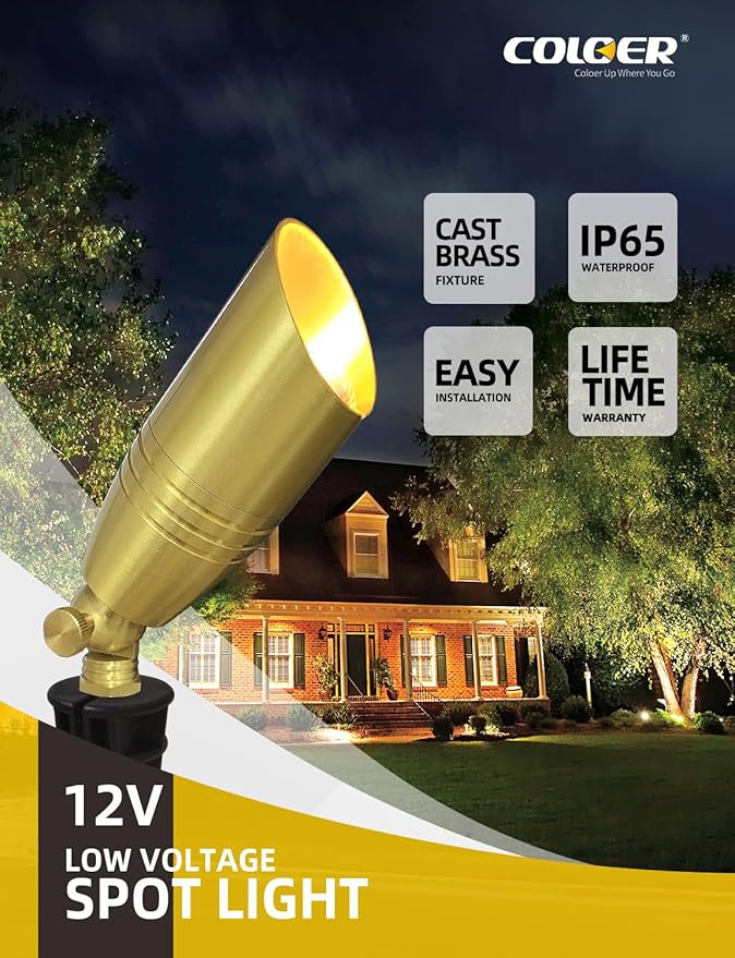 COLOER Die-cast Brass Landscape Spotlight 10-Pack Without Bulb,12V AC/DC Low Voltage Copper Outdoor Lighting with Ground Stake, Directional Garden Patio Spot Up Light (102B Brass Finish)