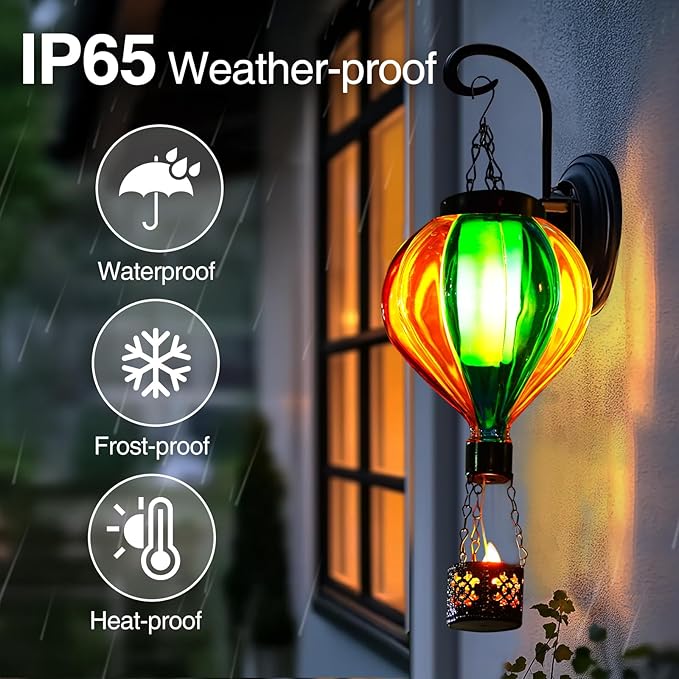 Hot Air Balloon Solar Lantern with Flickering Flame Christmas Gifts for Women Grandma Mom Outdoor Hanging Light Solar Decorative Air Balloon Lamp for Garden Patio Yard and Home (Blue & Yellow)