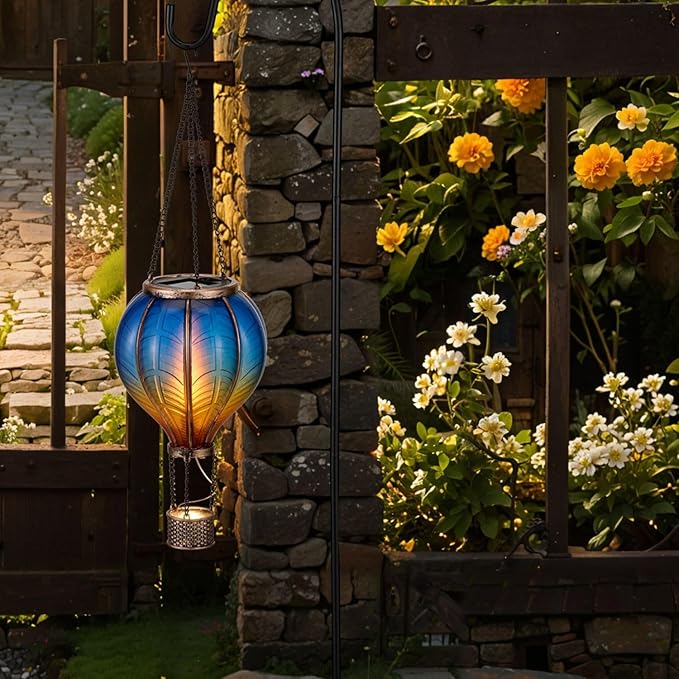 TERESA'S COLLECTIONS Hot Air Balloon Solar Lantern for Garden Decor ,Flickering Flame Hanging Solar Light for Outdoor ,Blue & Yellow Plastic Lamp for Yard Tree Gift for Mom