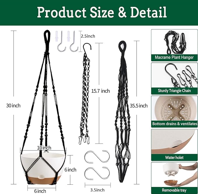 Hanging Planter Self Watering 10 Inch, 2 Pack Indoor Outdoor Hanging Baskets, Hanging Flower Pots with Drainage Hole & 2 Kinds of Plant Hangers for Garden Home Decor(Black Hanger