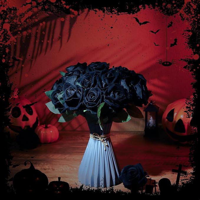 36 Pcs Silk Black Rose Bouquet Bridal Artificial Flowers,Fake Rose Long Stem Realistic Artificial Flowers Bulk for Wedding Bouquet Ball Arrangement Centerpiece Party Decor