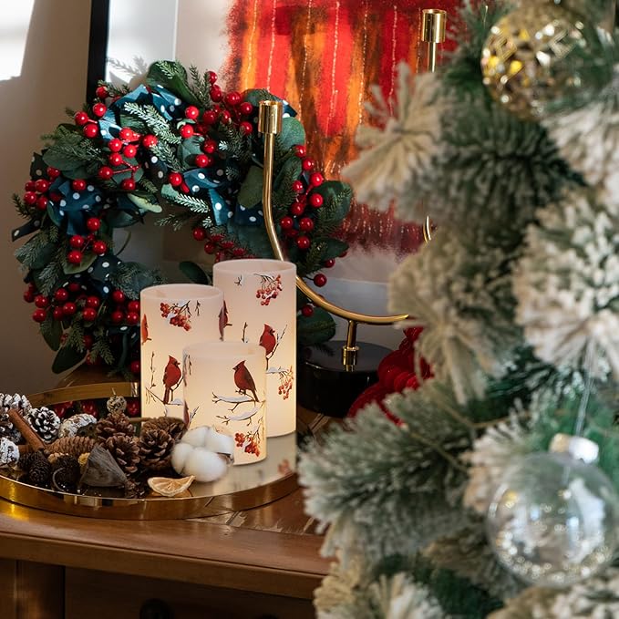 Cardinal Flameless Candles, 3 Pack LED Flickering Pillar Candles with Red Bird Decals, Real Wax Cardinal Home Decor for Halloween Christmas Decor(D3” x H4”5”6”)