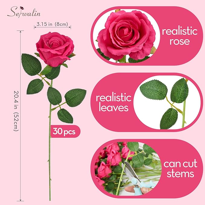 Serwalin 30pcs Artificial Silk Roses Flowers, Hot Pink Artificial Roses with Long Stems Bulk Realistic Fake Roses Flowers for DIY Wedding Bouquet Centerpieces Party Home Table Decor