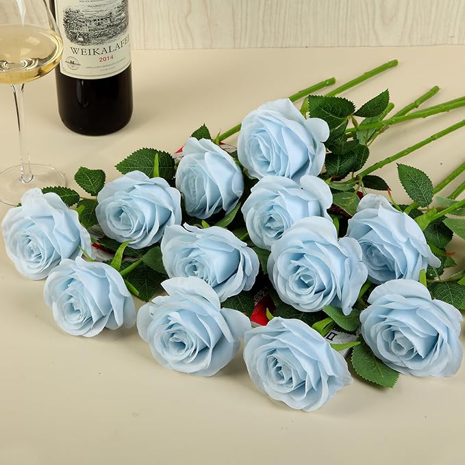12pcs Roses Artificial Flowers Fake Roses Baby Blue Silk Roses White Silk Flowers Rose with Long Stems for Wedding Home Party Centerpieces Decorations