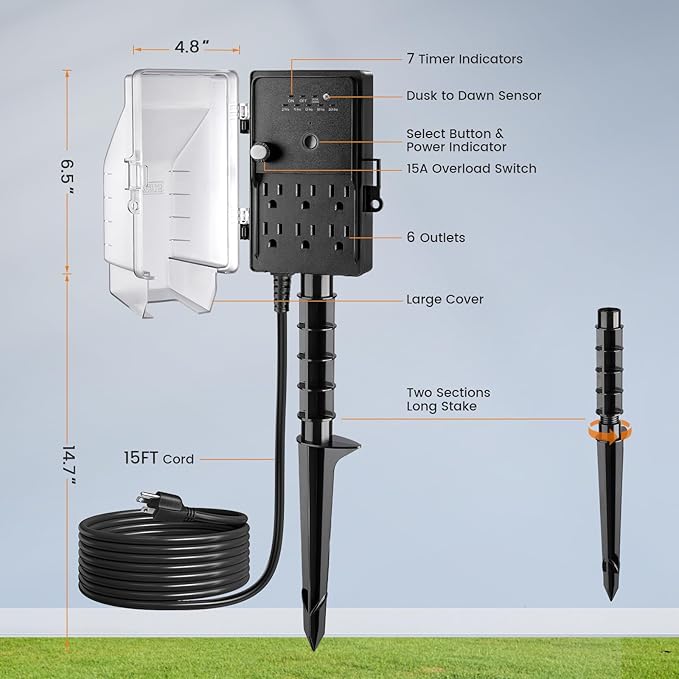 SURAIELEC Outdoor Power Stake, Dusk to Dawn Light Timer, 15FT Extension Cord Multiple Outlet; 6 Electrical Outlet Power Strip Weatherproof, for Patio Lights, Sprinkler, Garden, Christmas Decorations