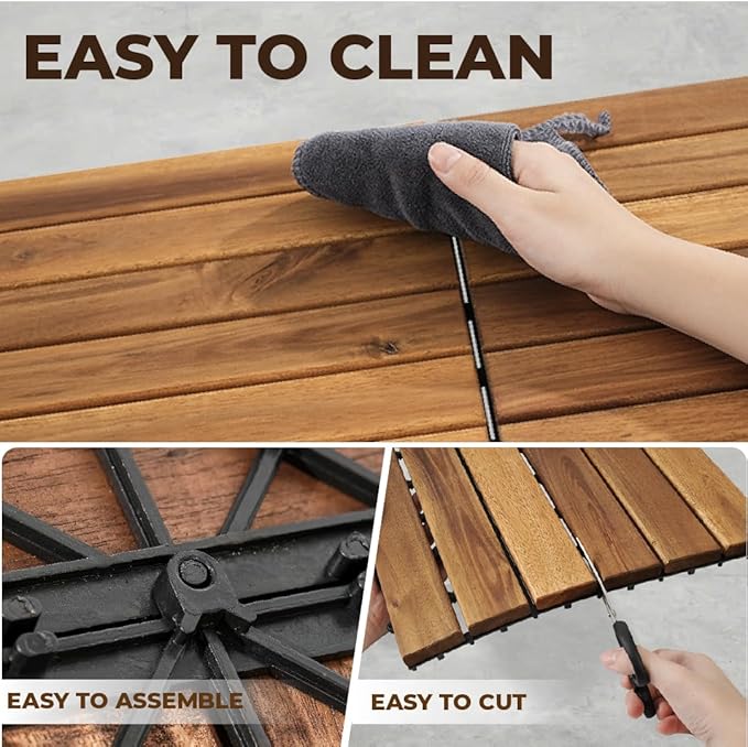 Pack of 10 Deck Tiles - 12"x12" Interlocking Natural Solid Acacia Wood for Outdoor & Indoor, Patio Garden, Balcony, Poolside - Natural6 Color