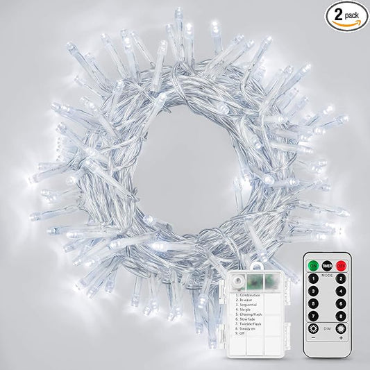 2 Pack 36ft 100 LED Battery Operated String Lights with Remote Timer Waterproof 8 Modes String Lights for Bedroom, Garden, Easter, Party, Christmas Indoor and Outdoor Decorations -Cool White