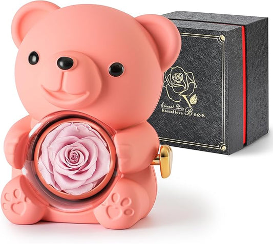 Cute Teddy Bear with Preserved Rose - A Real Rose Flower in Bear with Elegant Gift Box - Romantic Gift for Her in Mother's Day, Weddings, Anniversaries, and Bridal Showers (Pink)