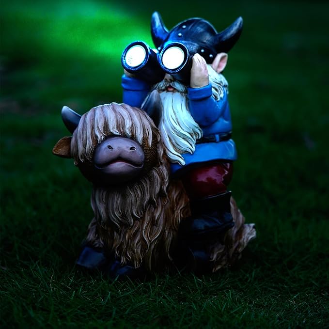 Tolimi Garden Gnome Sitting on Highland Cow Outdoor Statue wiht Solar LED Light Funny Decoration for Yard and Patio Gifts (Gnome)