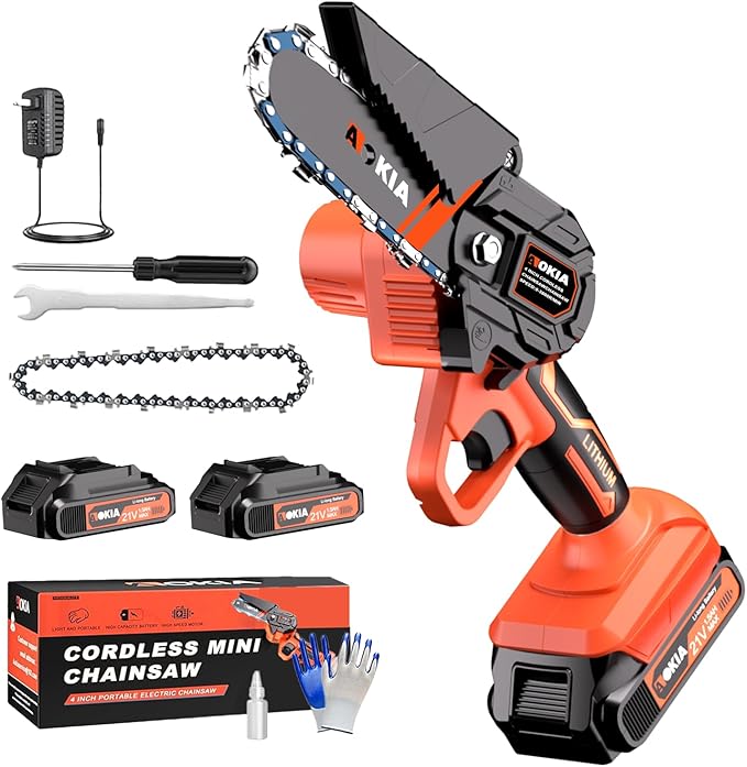 Cordless Mini Chainsaw 21V,4In Electric Chainsaw,Handheld & Portable Power Chain Saw for Tree Trimming Pruning Garden & Yard Work,Battery Chain Saw Gifts for Men Women Dad Orange