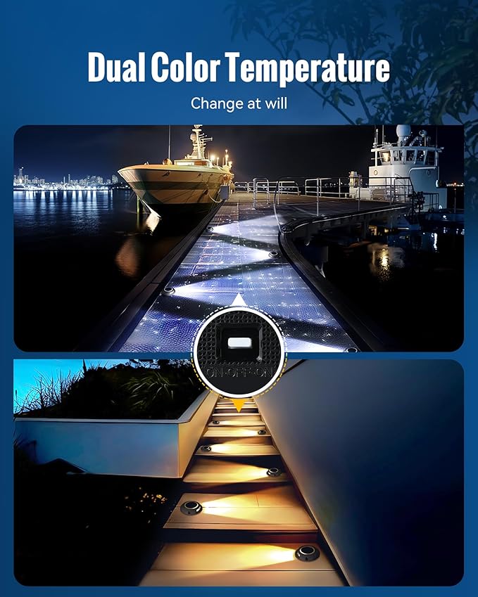 Solar Deck Driveway Lights, 12 Pack Solar Marina Dock Lights Outdoor Waterproof IP68, 2 Colors in 1 Outdoor Driveway Marker for Warning Stair, Sidewalk, Pathway, Patio, Garden Decor