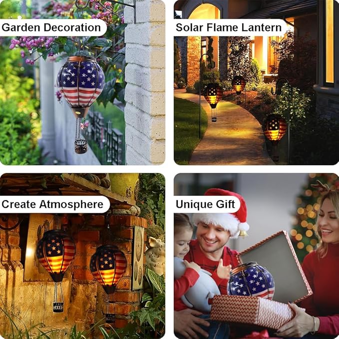 Hot Air Balloon Solar Lantern with Flickering Flame, Glass Hanging Garden Lights Outdoor Waterproof for Tree Yard Patio Mother's Day Gift, 18" H Flag
