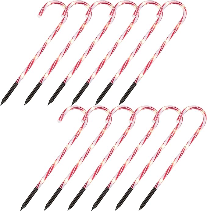 Joiedomi 17” Christmas Candy Cane Pathway Markers Lights with Stake, Set of 12 Christmas Candy Cane Stakes Lights for Christmas Party Walkway Patio Garden Holiday Outdoor Decoration
