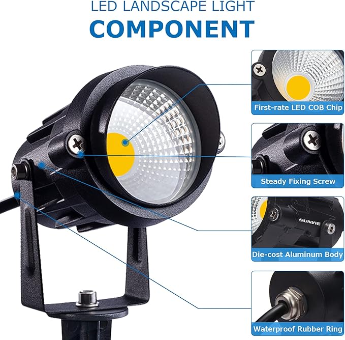 SUNVIE 12W Low Voltage Landscape Lighting Waterproof LED Landscape Lights 3000K Garden Pathway Lights 12V Outdoor Spotlights with Spike Stand, 2 Pack with Connectors