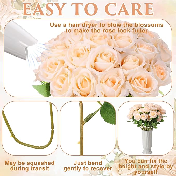 36 Pcs Champagne Artificial Roses with Long Stems, Fake Silk Rose Artificial Flowers Bulk for Bridal Wedding Bouquet Centerpiece Ball Arrangement Party Decor