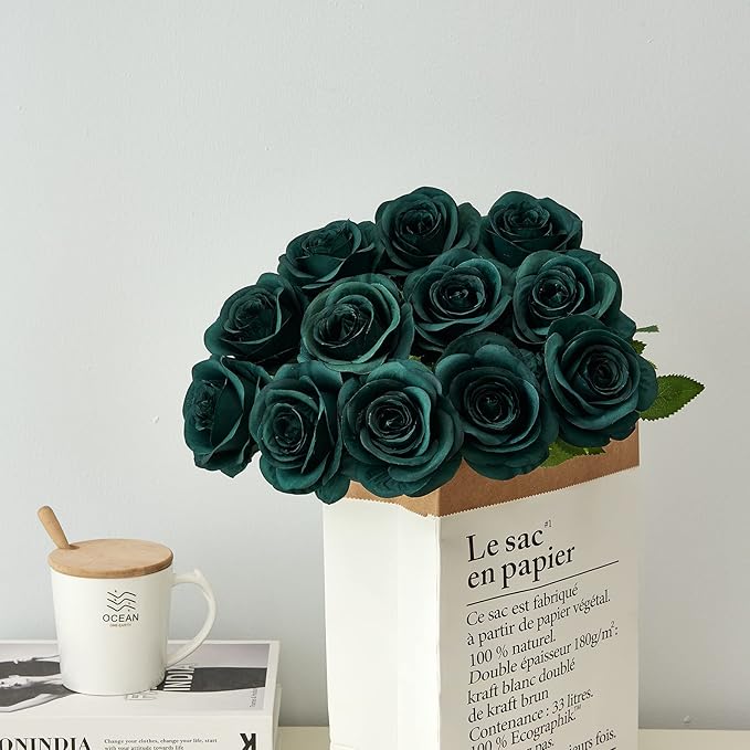 12PC Peacock Green Roses Artificial Flowers Fake Roses Silk Flowers Roses with Long Stems for Wedding Home Party Centerpieces Decorations