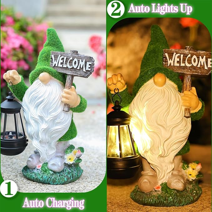 Garden Outdoor Statues, Solar Gnome Statues,Gnome Decorations with Solar Outdoor Lights for Garden Decor, Garden Sculptures & Statues for Front Porch Patio Lawn, Gifts for Mom, 13"", Green