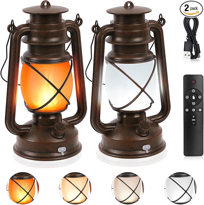 Hanging Waterproof Outdoor Lanterns Lights,Vintage Rechargeable Lantern LED with Dancing Flame,Remote Control 4 Modes Light Non-Solar for Table Patio Garden Yard Pathway Porch (2)