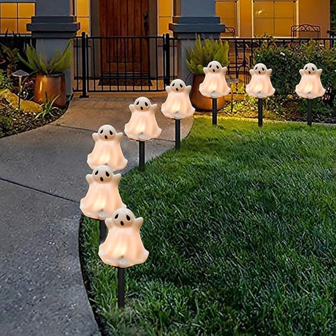 Goothy Halloween Ghosts Pathway Marker Lights, 4 White Ghosts with 4 Stakes, 7Ft Extendable Pathway String Lights, Waterproof for Halloween Lawn Walkway Driveway Markers