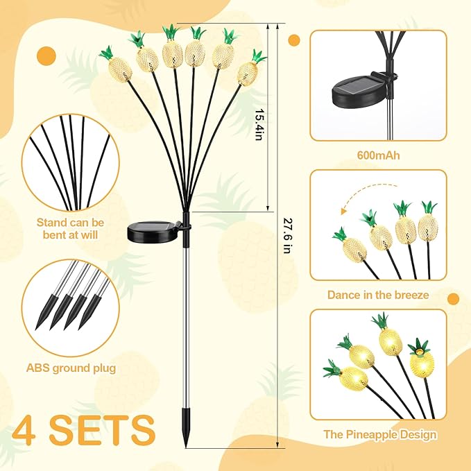4 Pack Pineapple Patio Solar Lights Waterproof Solar Energy Powered Swaying Stake Lights Summer Outdoor Garden Yard Landscape Tropical Decor