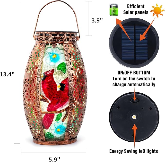 Outdoor Solar Lantern-Waterproof Two Cardinal Hanging Metal Decorative Lights for Patio Table Garden Pathway Yard with Super Bright Warm White LED, Large Solar Panels, Auto On/Off Sensor